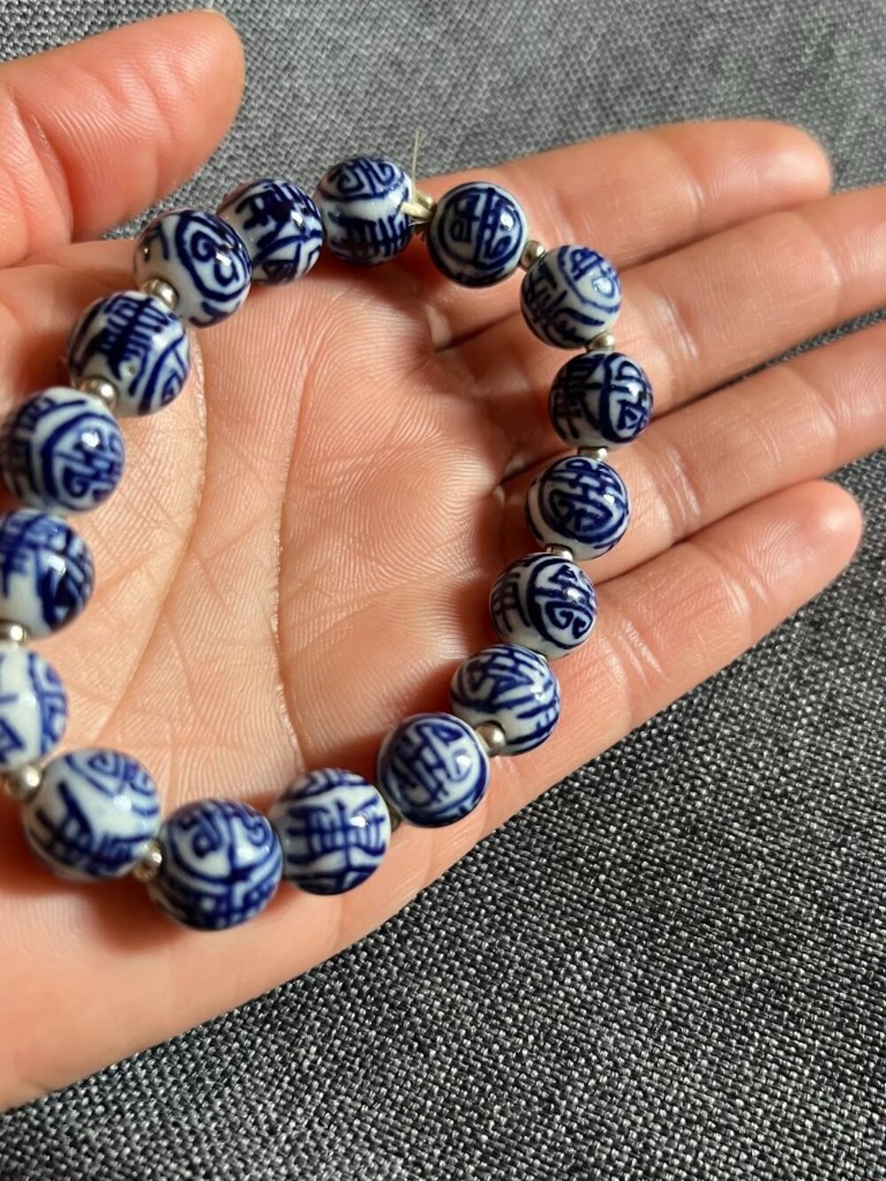 Vintage Chinoiserie Longevity stretch Bracelet with silver spacer beads 17"bead